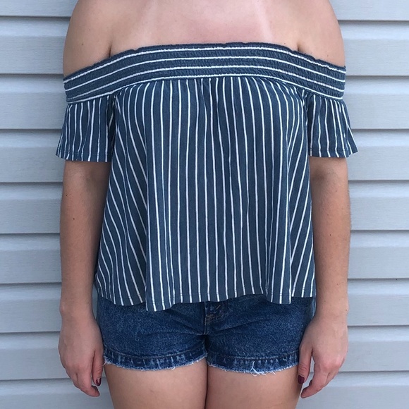 American Eagle Outfitters Tops - Blue and White Striped Off the Shoulder Top